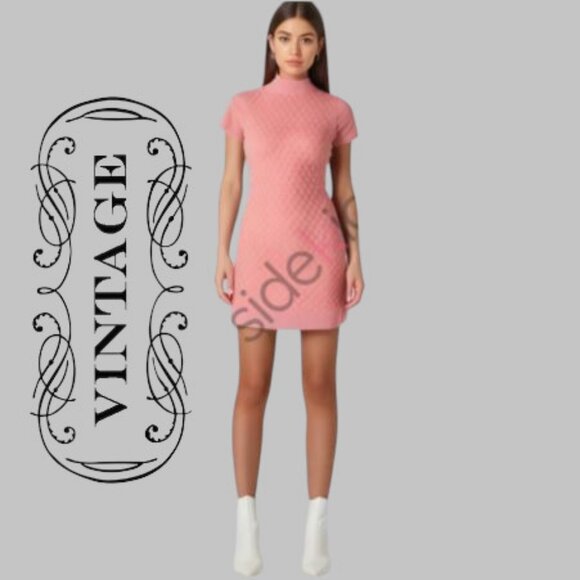 Vintage 90's Gap Barbie Sweater Dress Stretchy bodycon Cable Knit Mock Neck Pink - Picture 1 of 16